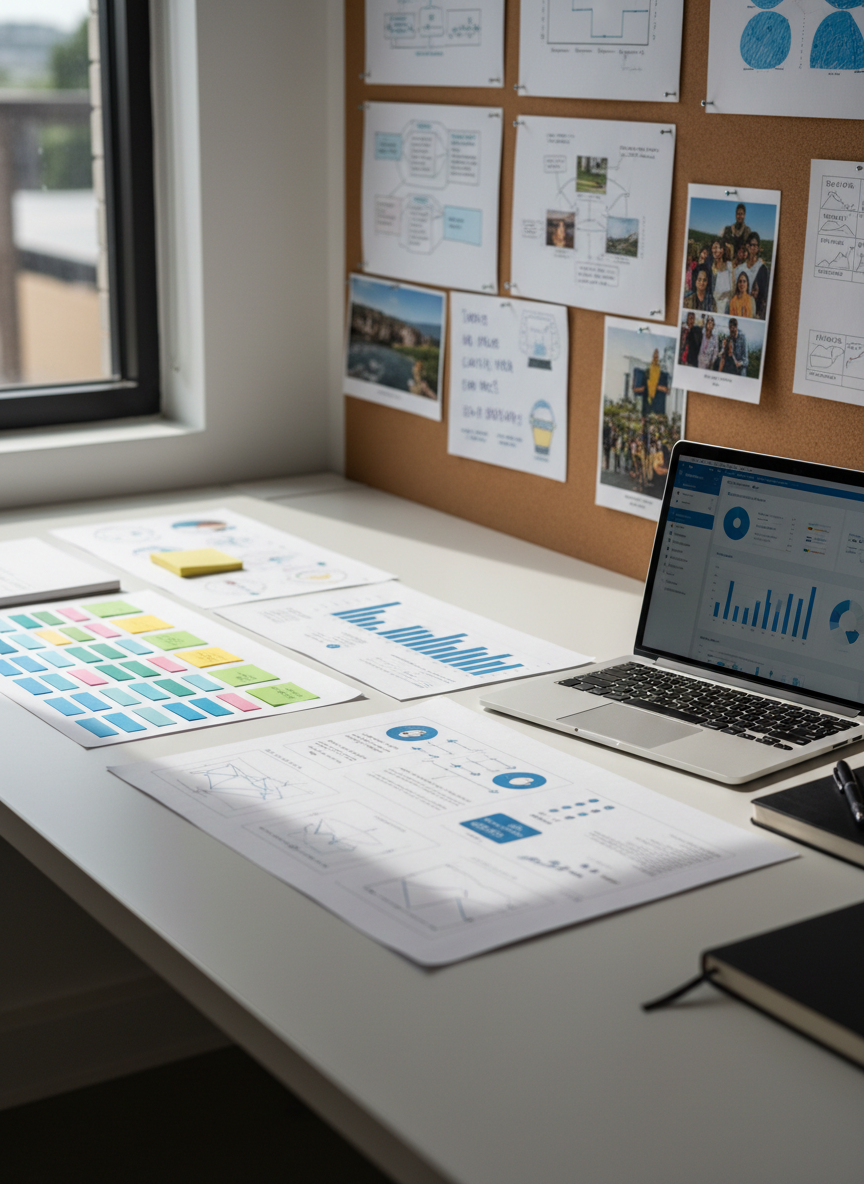 A meticulously organized UX research workspace with a large, matte-white desk covered in neatly arranged artifacts: color-coded sticky notes, printed journey maps, and a sleek open laptop displaying a clean, data-rich dashboard. A corkboard in the background holds carefully pinned cultural insight cards and hand-drawn diagrams. Soft daylight from a nearby window washes the scene in gentle, diffused light, creating subtle shadows along the paper edges. Photographed at eye level with a slight angle, the foreground documents are in crisp focus while the background gently blurs. The mood is professional, calm, and analytical, with a clean, modern photographic realism that highlights thoughtful, methodical research practice.