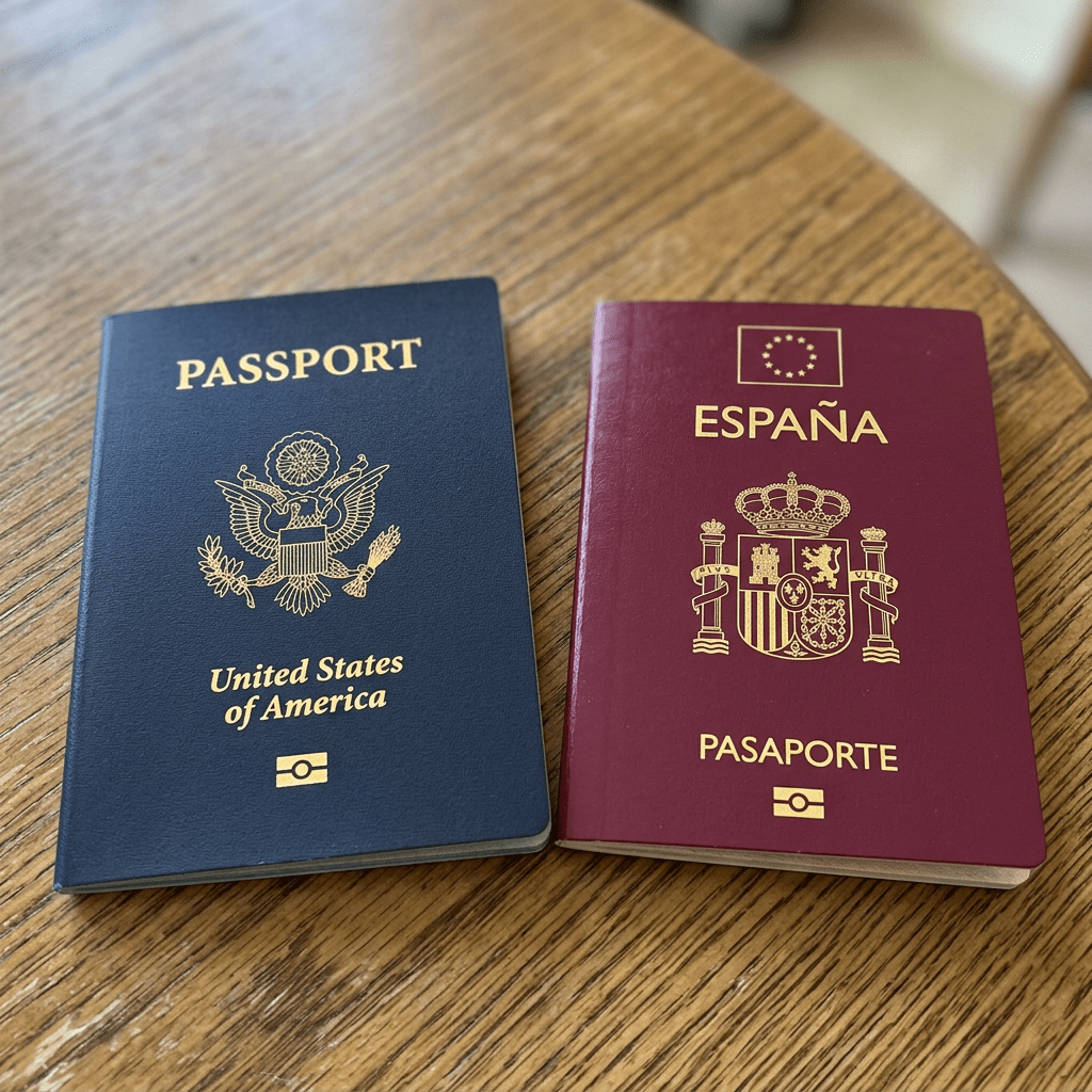United States and Spain passports placed side by side on a wooden table