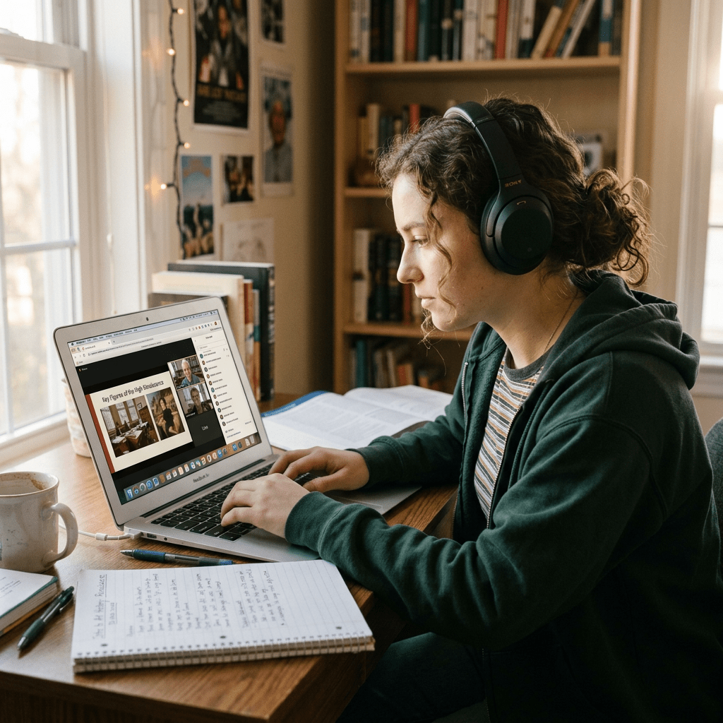 Young woman wearing headphones attending online lecture on laptop at desk with notebook and books